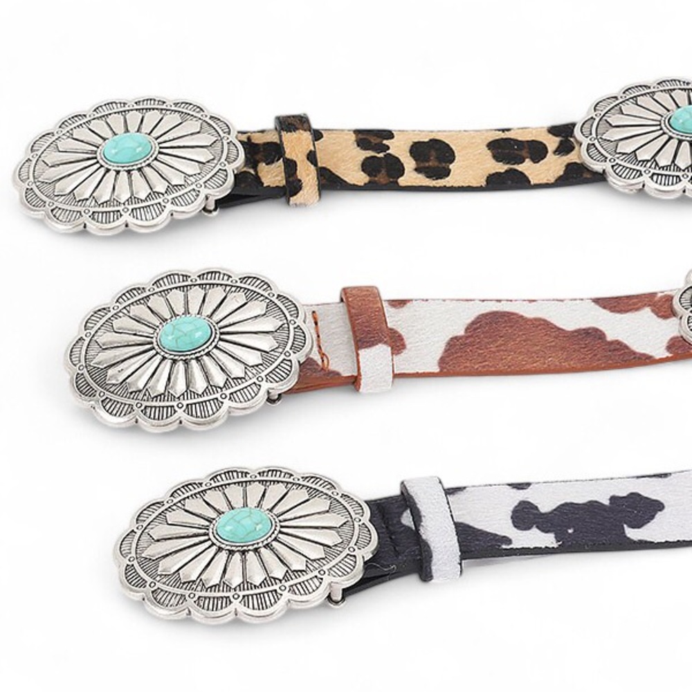 Vegan Leather Animal Print Western Concho Statement Belts with Turquoise Accents